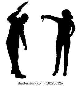 Vector silhouette of a people with a computer on white background.