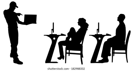 Vector silhouette of a people with a computer on white background.