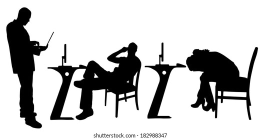 Vector silhouette of a people with a computer on white background.