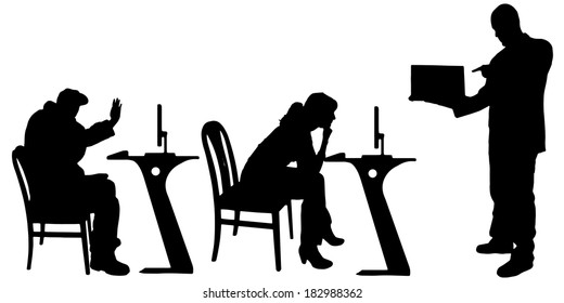 Vector silhouette of a people with a computer on white background.