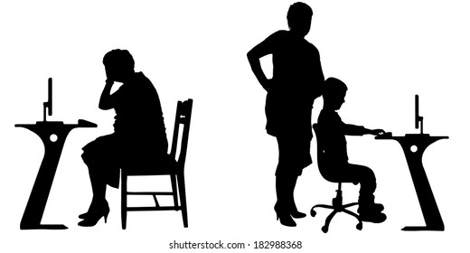 Vector silhouette of a people with a computer on white background.