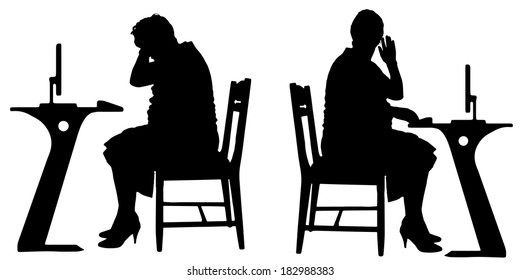 Vector silhouette of a people with a computer on white background.