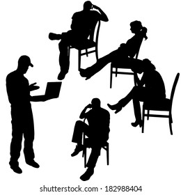 Vector silhouette of a people with a computer on white background.