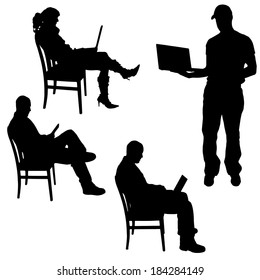 Vector silhouette of a people with a computer on white background.