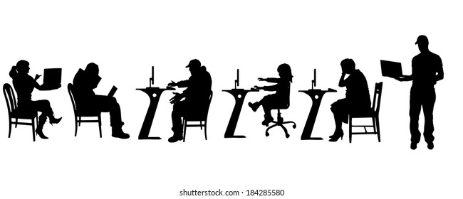 Vector silhouette of a people with a computer on white background.