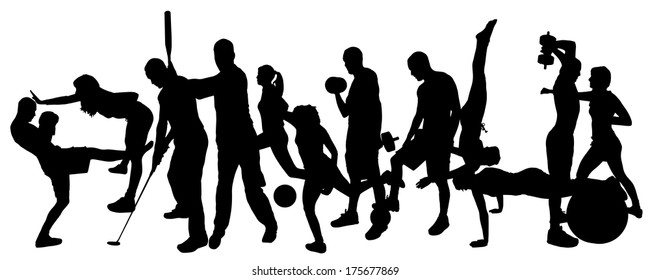 Vector silhouette of people in different sports.