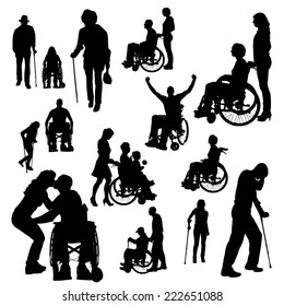 Vector silhouette of people with disabilities a white background.