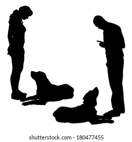 Vector silhouette of a people with a dog.