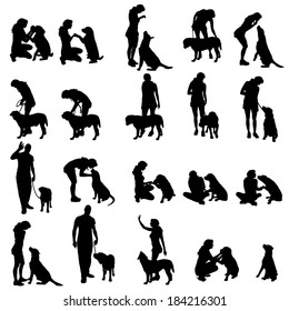 Vector silhouette of people with a dog on a white background.