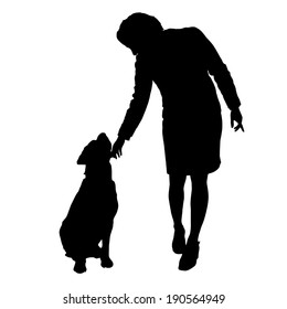 Vector silhouette of people with dog on a white background. 