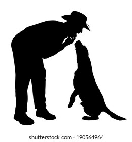 Vector silhouette of people with dog on a white background. 
