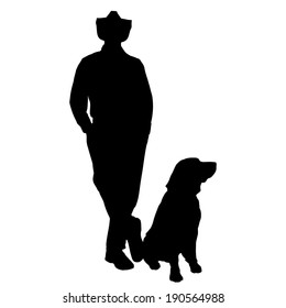 Vector silhouette of people with dog on a white background. 