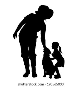Vector silhouette of people with dog on a white background. 