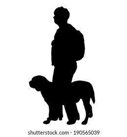 Vector silhouette of people with dog on a white background. 