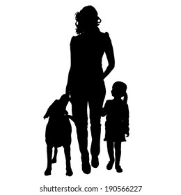 Vector silhouette of people with dog on a white background. 