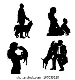 Vector silhouette of people with dog on a white background. 