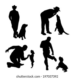 Vector silhouette of people with dog on a white background. 