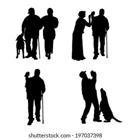 Vector silhouette of people with dog on a white background. 