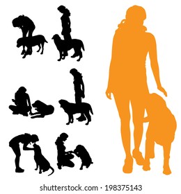 Vector silhouette of people with dog on a white background. 