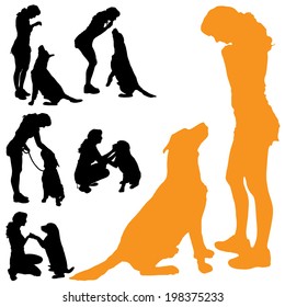 Vector silhouette of people with dog on a white background. 