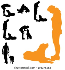 Vector silhouette of people with dog on a white background. 