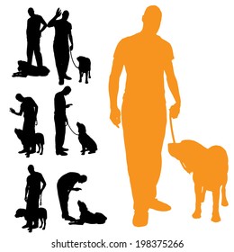 Vector silhouette of people with dog on a white background. 