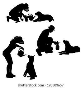 Vector silhouette of people with dog on a white background. 