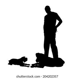 Vector silhouette of people with a dog on a white background.