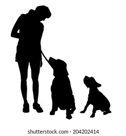 Vector silhouette of people with a dog on a white background.