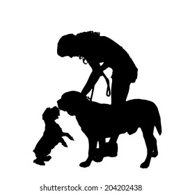 Vector silhouette of people with a dog on a white background.