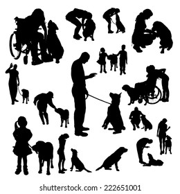 Vector silhouette of people with a dog on a white background.
