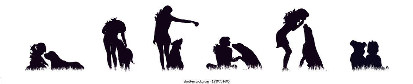 Vector silhouette of people with dog white background.