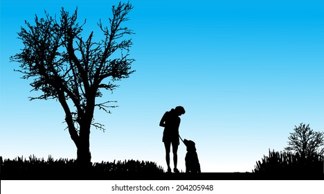 Vector Silhouette of people with dogs in nature.