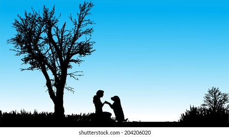 Vector Silhouette of people with dogs in nature.