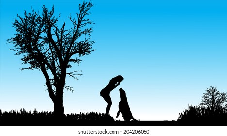 Vector Silhouette of people with dogs in nature.
