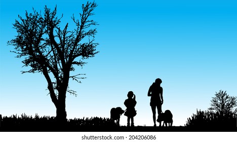 Vector Silhouette of people with dogs in nature.