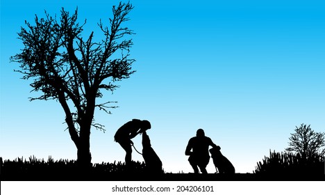 Vector Silhouette of people with dogs in nature.