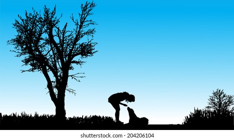 Vector Silhouette of people with dogs in nature.