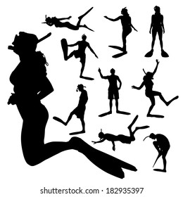 Vector silhouette of a people with flippers and a snorkel.