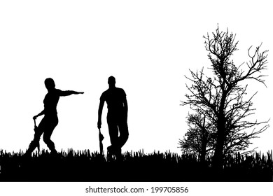 Vector silhouette of a people in nature. 