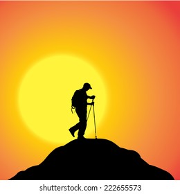 Vector silhouette of a people in nature at sunset.