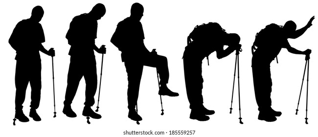 Vector silhouette of people with Nordic walking.
