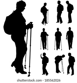 Vector silhouette of people with Nordic walking.