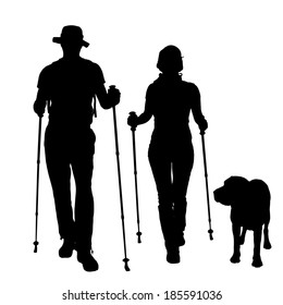 Vector silhouette of people with Nordic walking.