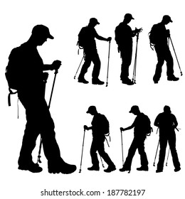 Vector silhouette of people with Nordic walking.