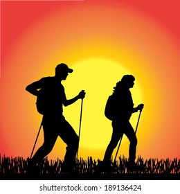 Vector silhouette of people with Nordic walking.