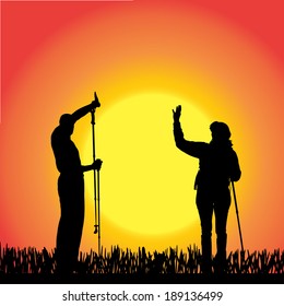 Vector silhouette of people with Nordic walking.