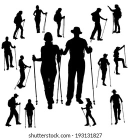 Vector silhouette of people with Nordic walking.