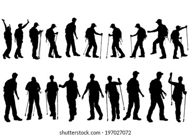 Vector silhouette of people with Nordic walking.