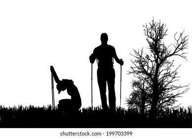 Vector silhouette of people with nordic walking in nature.